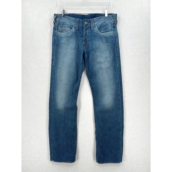 TRUE RELIGION Jeans Mens 34 Med Blue Wash Geno pinstripe Straight Leg USA Made - Picture 1 of 16
